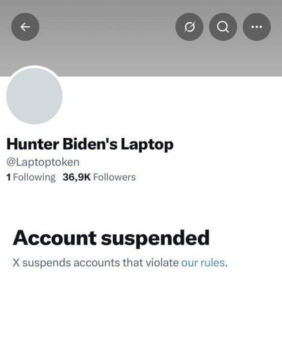 A suspended X/Twitter profile page for 'Hunter Biden's Laptop' (@Laptoptoken) with 36.9K followers displays 'Account suspended' for violating platform rules.