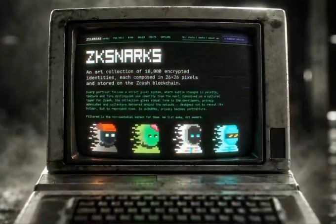 A retro laptop screen displays 'ZKSNARKS' with text describing a collection of 10,000 encrypted identities stored on the Zcash blockchain, alongside four colorful pixel-art characters.