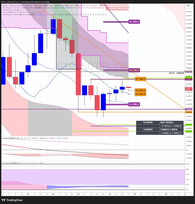 A TradingView weekly Bitcoin (BTC/USDT) candlestick chart showing price action between approximately $51,000–$81,500, with key resistance levels marked at $69,500 and $73,300, alongside Japanese annotations analyzing the potential double bottom formation with the February low while noting the weekly trend remains bearish.