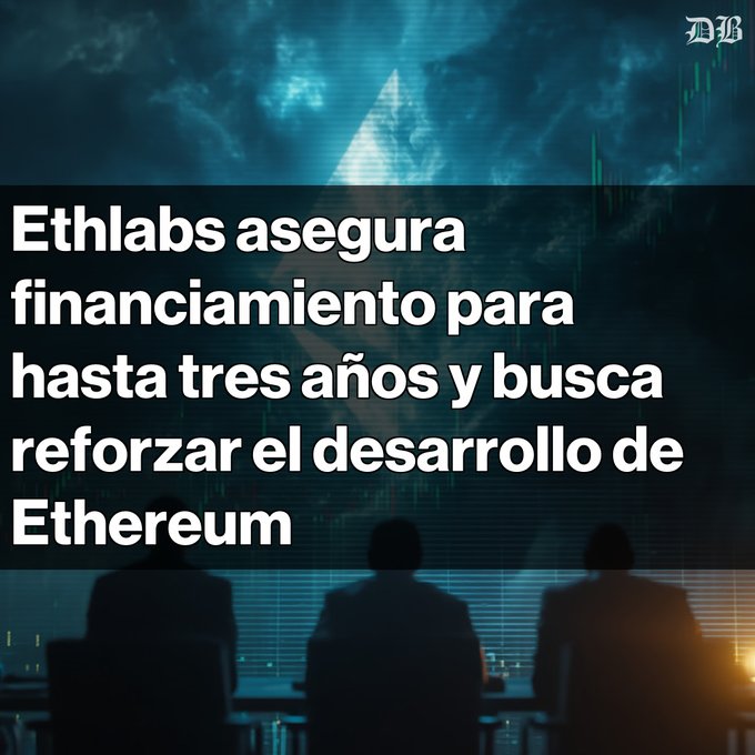 A news graphic with a dark, atmospheric background showing silhouettes of people, with Spanish headline text reading "Ethlabs asegura financiamiento para hasta tres años y busca reforzar el desarrollo de Ethereum," branded with a DB logo.