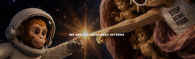 A digital artwork showing a monkey in a spacesuit reaching toward cherubs on a rocky planet, with the text 'WE ARE ALL SMOONKEY INTERNS' and a sign reading 'STOP BEING POOR'.