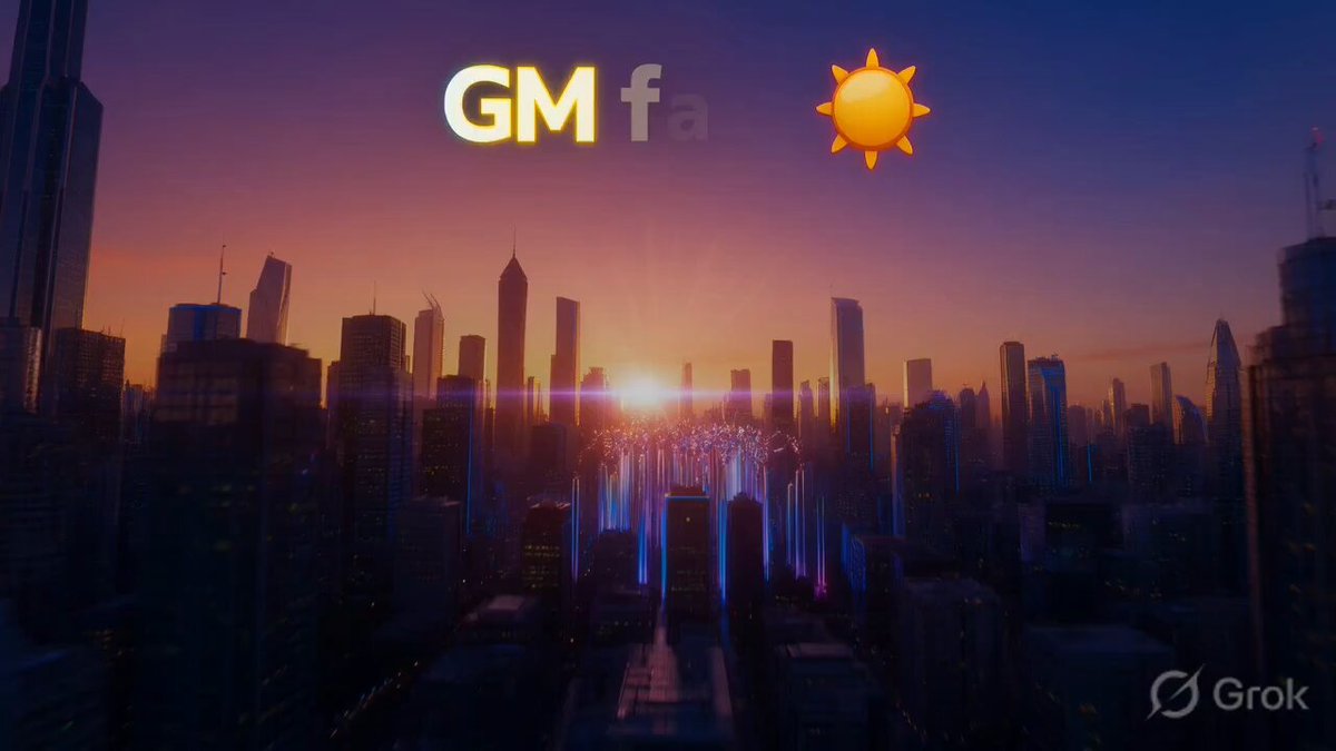 The image features a city skyline at sunset, with the sun setting behind the buildings. The sky has hues of orange and blue, creating a beautiful backdrop for the cityscape. In the center of the image, there's an orange sun positioned in the top right corner. Below it, the words "GM fam" are displayed in white letters. The text also mentions that GM fam is on the @River4fun network, which suggests that this post might be related to a social media platform or a discussion about the show "GM fam".