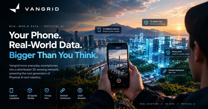 A promotional graphic for "VANGRID" featuring text "Your Phone. Real-World Data. Bigger Than You Think." with a person holding a phone displaying a 3D city, against a backdrop of a cityscape at sunset.