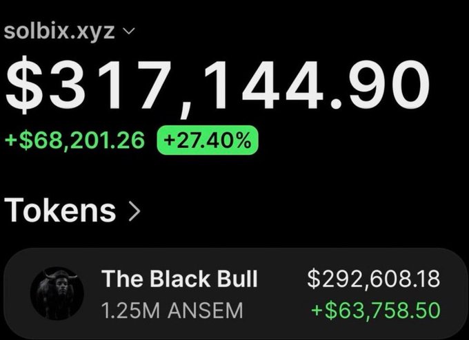 A screenshot of a trading portfolio shows solbix.xyz with a balance of $317,144.90, up $68,201.26 (+27.40%), highlighting "The Black Bull" holding 1.25M ANSEM tokens valued at $292,608.18 (+$63,758.50) — illustrating the 68x gain on the $ANSEM trade mentioned in the post.