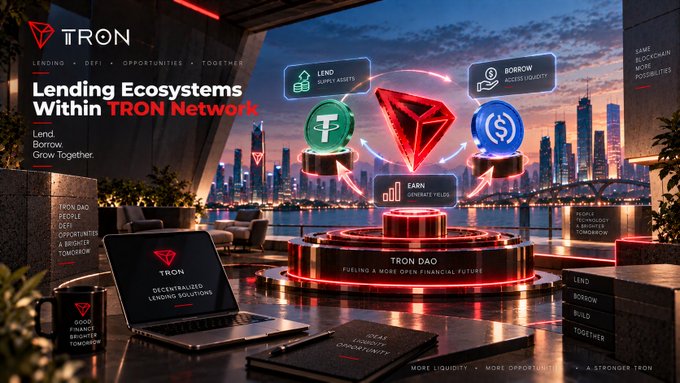 A promotional graphic for TRON highlights 'Lending Ecosystems Within TRON Network' with icons for Lend, Borrow, and Earn, featuring a futuristic cityscape background.