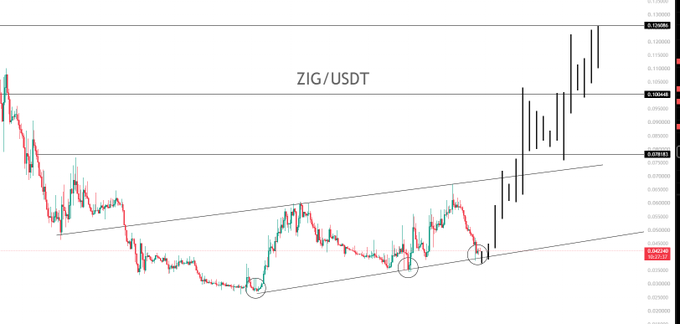 A financial chart labeled “ZIG/USDT” shows a sharp upward price breakout, with horizontal levels marked around 0.02400, 0.02600, and 0.02800.