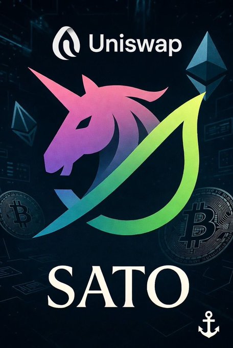 A promotional graphic for a "SATO" token featuring a rainbow-colored unicorn logo with the Uniswap logo and Ethereum symbol in the background.