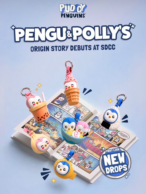 A promotional poster for 'Pudgy Penguins' titled 'PENGU & POLLYS' announcing the 'ORIGIN STORY DEBUTS AT SDCC' with images of penguin keychain figures styled as ice cream, boba tea, sushi, and other items, marked with a 'FIRST LOOK NEW DROPS' badge.