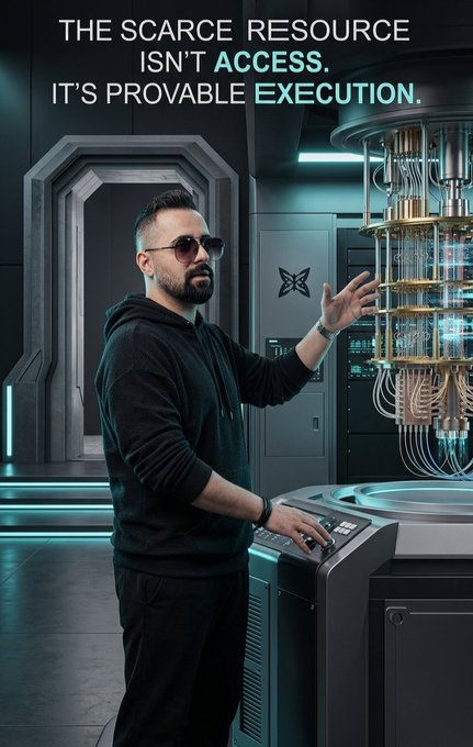 A man in a black hoodie and sunglasses operates a quantum computer in a futuristic lab, with text reading "THE SCARCE RESOURCE ISN'T ACCESS. IT'S PROVABLE EXECUTION."