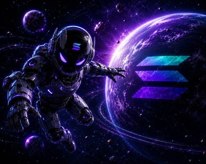An armored astronaut floats through a cosmic purple landscape with planets and asteroids, beside the glowing Solana logo in cyan and purple, visually representing the "SOLANA" ticker as a futuristic space-themed brand image.
