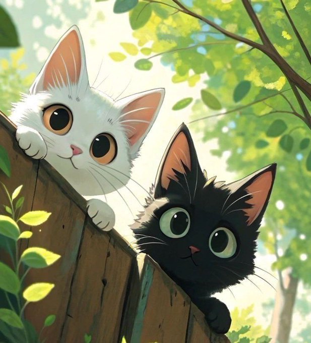 Two adorable kittens—one white and one black—peer curiously over a wooden fence, their big expressive eyes conveying innocent curiosity. The image complements the post's theme by symbolizing fresh discovery and exploration, evoking the "level up" moment of embracing new, user-friendly crypto freedom with @useTria.
