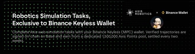 A banner for 'Axis Robotics' partnered with 'Binance Wallet' advertising 'Robotics Simulation Tasks, Exclusive to Binance Keyless Wallet' with a 1,500,000 Axis Points reward pool signed on-chain via Base.
