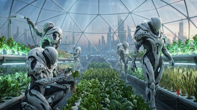 Humanoid robots tend crops inside a futuristic, glass-domed greenhouse, imagining technology-driven community life across Xertra and SolPlex. The scene complements the post’s question about the future goals viewers want to pursue in both settings.