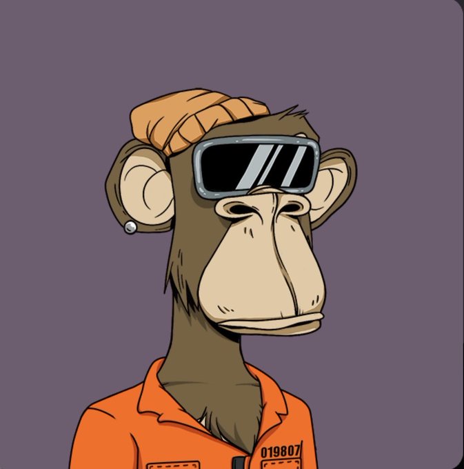A cartoon monkey wearing an orange prison jumpsuit marked "019807," an orange beanie, and dark goggles. It matches the Bored Ape Yacht Club (BAYC) NFT collection referenced in the post.
