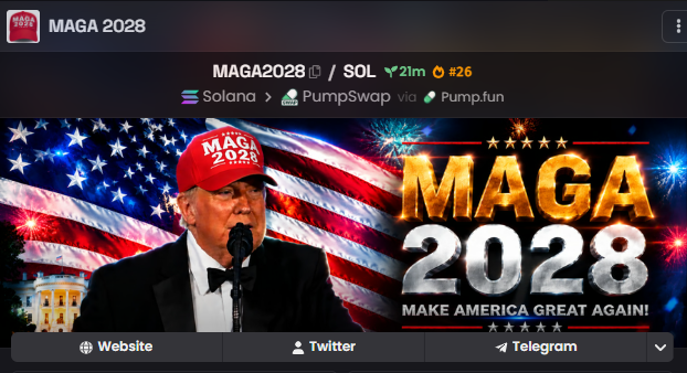 A promotional banner for the 'MAGA 2028' cryptocurrency token, displayed on a Solana blockchain platform via PumpSwap and Pump.fun, featuring the same man in a 'MAGA 2028' hat against an American flag background with the text 'MAKE AMERICA GREAT AGAIN!'.