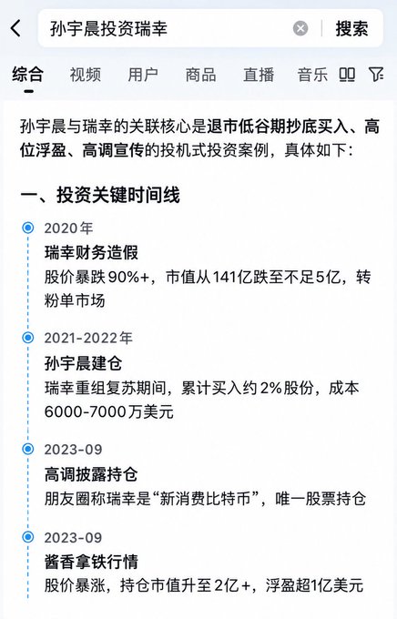 A Chinese search result page displays the investment timeline of Justin Sun (孙宇晨) in Luckin Coffee (瑞幸), detailing how he accumulated approximately 2% of shares during the 2021-2022 restructuring at a cost of $60-70 million when the stock had crashed over 90% due to the 2020 financial fraud scandal, with holdings now valued at over $200 million for unrealized gains exceeding $100 million.