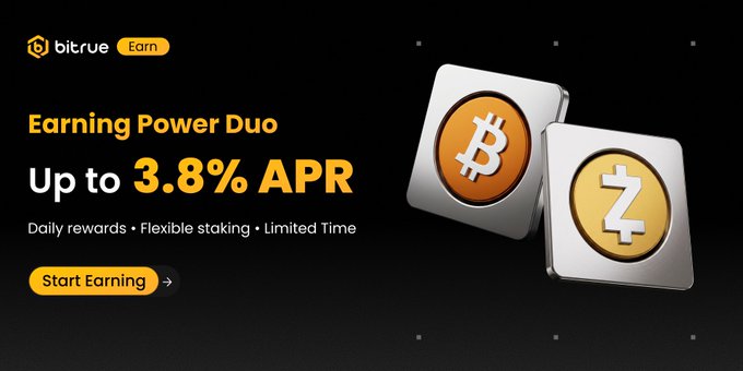 A Bitrue "Earn" promotional banner advertising up to 3.8% APR on Bitcoin ($BTC) and Zcash ($ZEC) through flexible staking with daily rewards, featuring 3D renderings of BTC and ZEC coin icons alongside a "Start Earning" call-to-action button that directs users to begin the limited-time offer highlighted in the post.