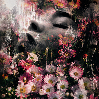 A dreamy, double-exposure style artwork titled "Scent of Happiness" by @La0zzDotEth blends a faded woman's face with a vibrant field of pink, red, and white daisies, evoking a surreal harmony between human emotion and nature. The piece, collected on objkt.com (token KT1XaCf...), merges botanical beauty with ethereal portraiture to symbolize joy blooming from within.