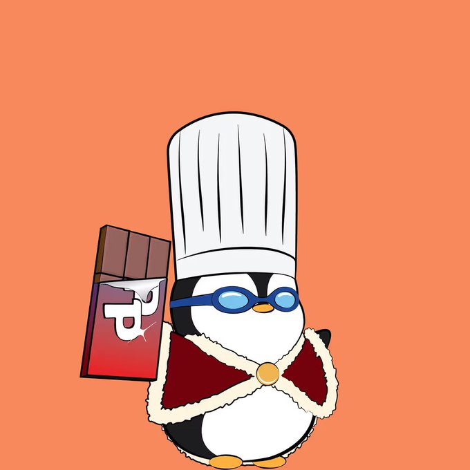 A cartoon penguin NFT character from the Lil Pudgys collection wearing a tall white chef's hat, blue goggles, and a red velvet-trimmed cape, holding a partially unwrapped chocolate bar with the "P" Pudgy logo on it. The image illustrates the post's mention of securing the chocolate accessory, while the penguin still sports the chef hat in search of the matching burger combo.