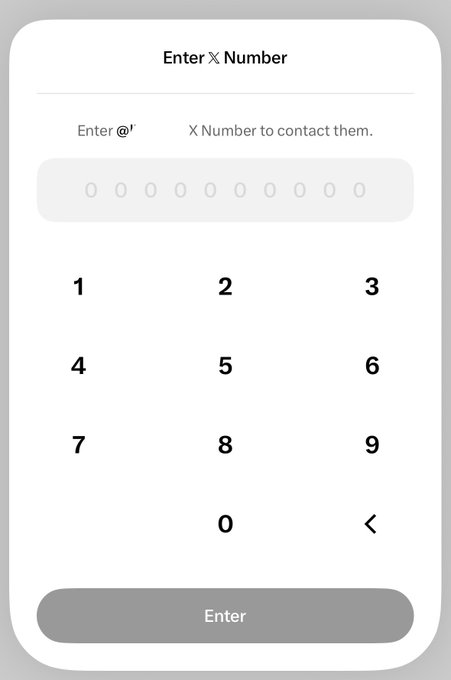 A mobile UI screen titled 'Enter X Number' showing a numeric keypad (0-9) with a backspace button and 'Enter' button for inputting a phone number.