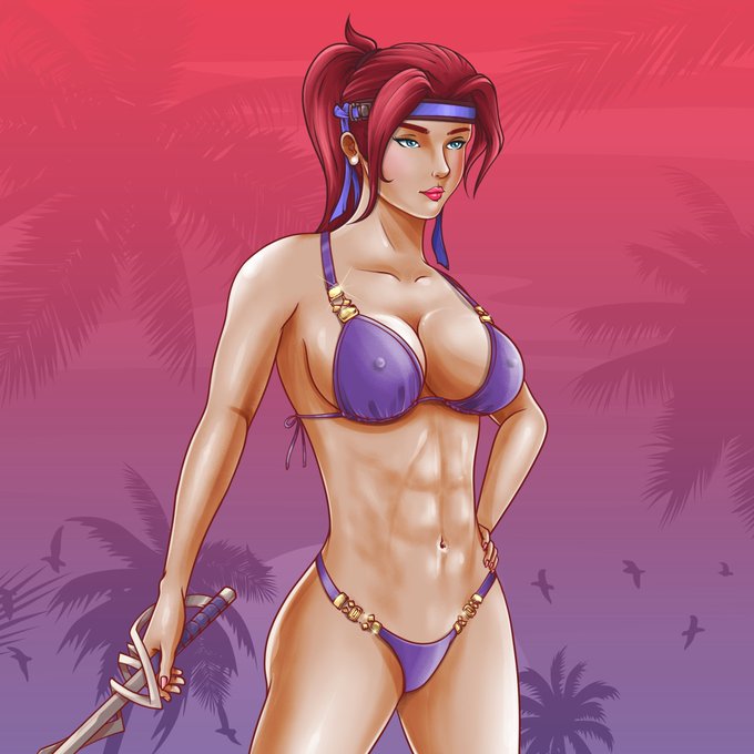 A digital illustration of a red-haired woman in a purple bikini holding a sword, set against a pink sunset background with palm tree silhouettes.