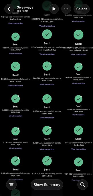 A screenshot of a crypto "Giveaways" page displaying 184 transactions of various small amounts of SOL being successfully sent to different wallet addresses, including 0.3 SOL, 0.03 SOL, 0.04 SOL, 0.1 SOL, and 0.15 SOL transfers to addresses like H43R...eN6F and 3Q4S...ksBr. The image supports the post's claim by visually showing multiple outgoing SOL transactions, reinforcing the message about distributing SOL to several addresses.