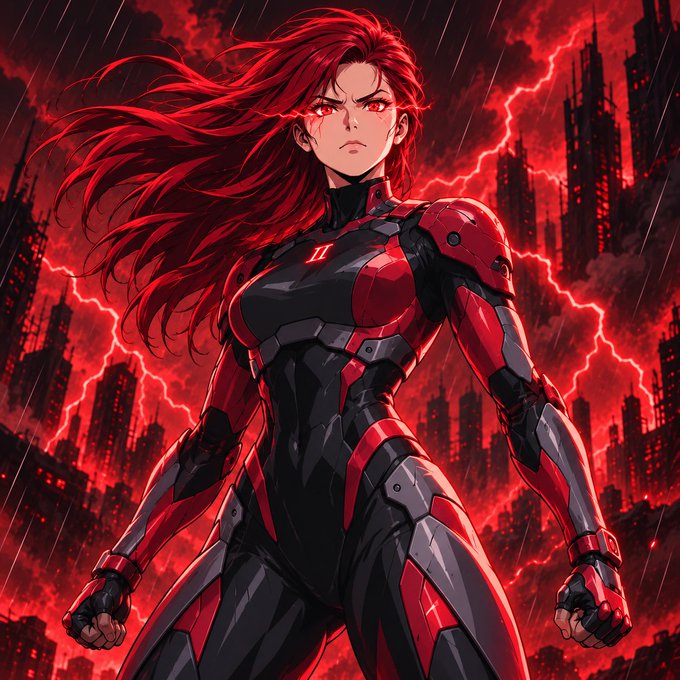 An anime-style illustration depicts a fierce female warrior with long flowing red hair and glowing red eyes, clad in red and black armor against a stormy red sky filled with lightning over a ruined cityscape.