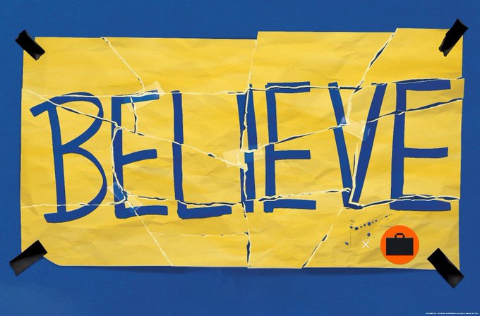 A torn yellow poster taped to a blue wall displays the word "BELIEVE" in large blue letters, with a briefcase icon in the corner. The image reinforces the post's message about skepticism toward "StonkBrokers" by visually contrasting the broken, weathered paper with the missing conclusion "we don't want to invite people," suggesting that grand promises of bringing users "onchain" are not worth believing without further context.