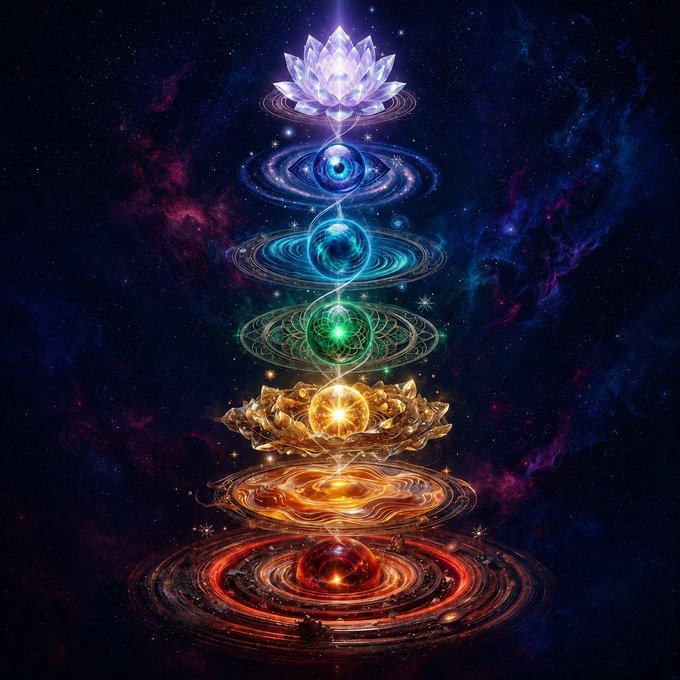A vibrant depiction of stacked cosmic chakras ascending from a fiery red base through orange, green, blue, and indigo orbs to a radiant purple-white lotus at the top, set against a starry nebula backdrop. The artwork visually embodies the "Pillars of Cosmic Alignment" theme from the post, symbolizing spiritual energy ascending through the universe, and is offered as a limited 2/2 edition NFT on @objktcom for the #Tezos #Web3 community.
