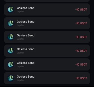 A transaction history screenshot shows six consecutive "Gasless Send" transactions via Jupiter, each with a -10 USDT deduction. The image aligns with the post's caption about sending money to multiple tagged users, with each entry likely representing a 10 USDT gasless transfer to the recipients mentioned.