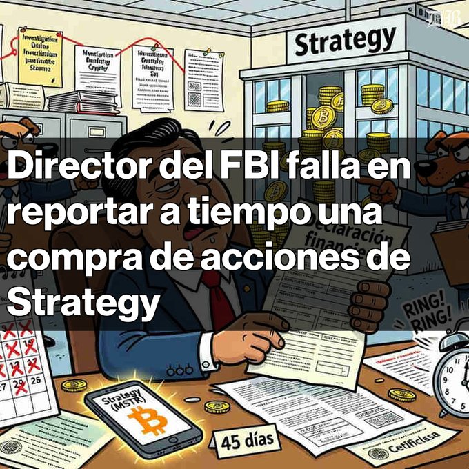 A cartoon illustration of a man at a desk reading "declaración financiera" surrounded by dog characters, with Spanish text reading "Director del FBI falla en reportar a tiempo una compra de acciones de Strategy", mentioning Strategy (MSTR) and 45 días.