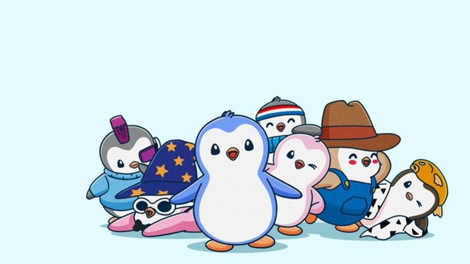 The image features a group of penguins standing next to each other, with some of them wearing hats or costumes. The text "2022年，很多人都觉得Pudgy Penguins已经结束了。 地板价跌破1ETH", and "对于大多数NFT项目来说", are present in the image. The penguins appear to be posing for a photo, possibly as part of an advertisement or promotional material related to Pudgy Penguins.