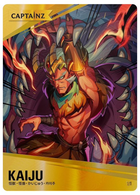 A trading card titled 'KAIJU' from the 'CAPTAINZ' series features a fierce warrior with a golden headdress surrounded by flames and sharp teeth.