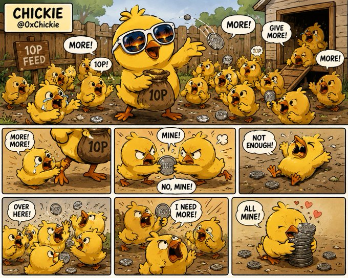 A comic strip titled 'CHICKIE @0xChickie' showing a chick wearing sunglasses handing out coins labeled '10P' to a crowd of hungry chicks demanding 'MORE!' in various panels.