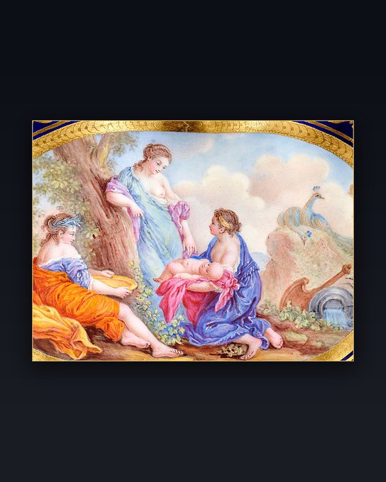 A classical-style painting or tapestry depicting three women and a baby in a pastoral outdoor setting, with one woman in orange seated, one in blue standing, and another in blue holding the infant, alongside a peacock and ornate gold border.