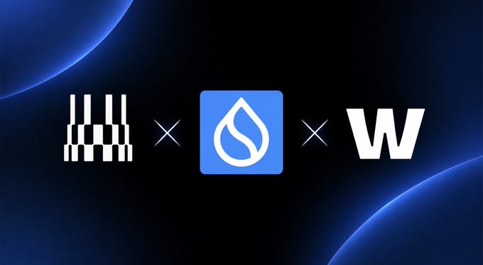 A dark graphic displays three logos connected by 'x' symbols: a piano keyboard icon, the blue Sui blockchain drop logo, and a white 'W' logo.