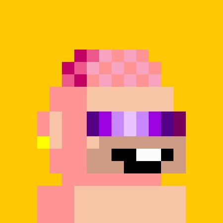 A pixel art illustration on a yellow background depicts a pink figure with a patterned head covering and purple visor.