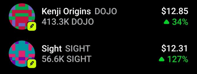 Cryptocurrency price listings showing Kenji Origins (DOJO) at $12.85 with a 34% increase and Sight (SIGHT) at $12.31 with a 127% increase.