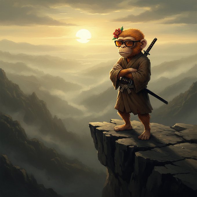A digital illustration of a small monkey-like character wearing glasses, a red flower, and a brown robe with a sword, standing on a rocky cliff overlooking misty mountains at sunset.