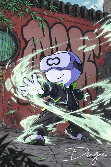 A digital illustration shows a character in a VR headset performing a martial arts pose with green energy swirling around them, set against a graffiti-covered wall, signed by 'Dragon'.