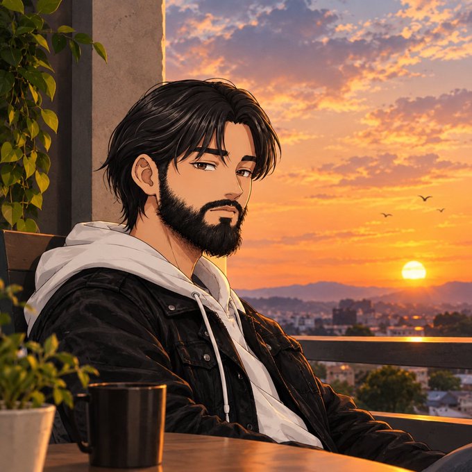 Anime-style illustration of a dark-haired, bearded young man wearing a black jacket and white hoodie, sitting at a table with a coffee mug against a sunset cityscape backdrop.