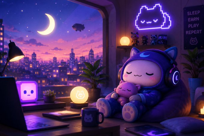 A kawaii-style illustration shows a cat-like character in a blue hoodie and headphones sleeping peacefully on a beanbag chair in a cozy room with neon lights, a cat-shaped neon sign, and a 'SLEEP EARN PLAY REPEAT' poster.