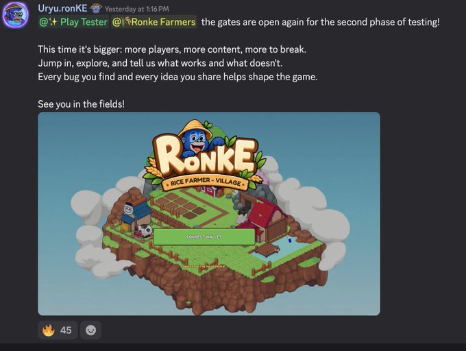 A Discord message from 'Uryu.ronKE' announcing that the gates are open again for the second phase of testing for 'Ronke Farmers', featuring a 3D isometric game logo showing a blue bear character on a farm.