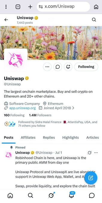 An X (Twitter) profile page for Uniswap (@Uniswap), the largest onchain marketplace for crypto on Ethereum, showing their pink unicorn logo, 1.4M followers, and a pinned post about Robinhood Chain.