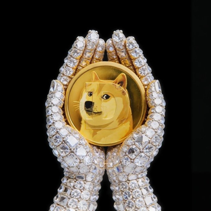 The image features a pair of hands holding a gold coin with a cartoon dog face on it, which appears to be made out of diamonds or other precious materials. The caption "$DOGE HOÐL" suggests that this might be an advertisement for a product related to dogs or pet care.