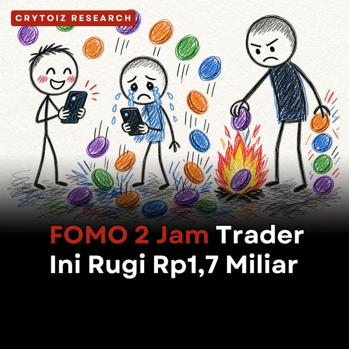 Crytoiz Research illustration titled 'FOMO 2 Jam Trader Ini Rugi Rp1,7 Miliar' depicting a stick figure crying while others burn coins around him.