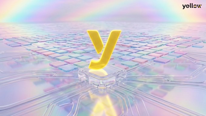 The image features a large yellow "Y" surrounded by smaller cubes of various colors including pink, blue, green, and purple. The background appears to be a gradient transitioning from purple at the top to pink at the bottom. The text on the image reads "500+ teams are already building in the Yellow ecosystem. The App Store is where agent applications get distribution— and where the settlement layer is already wired in underneath them."