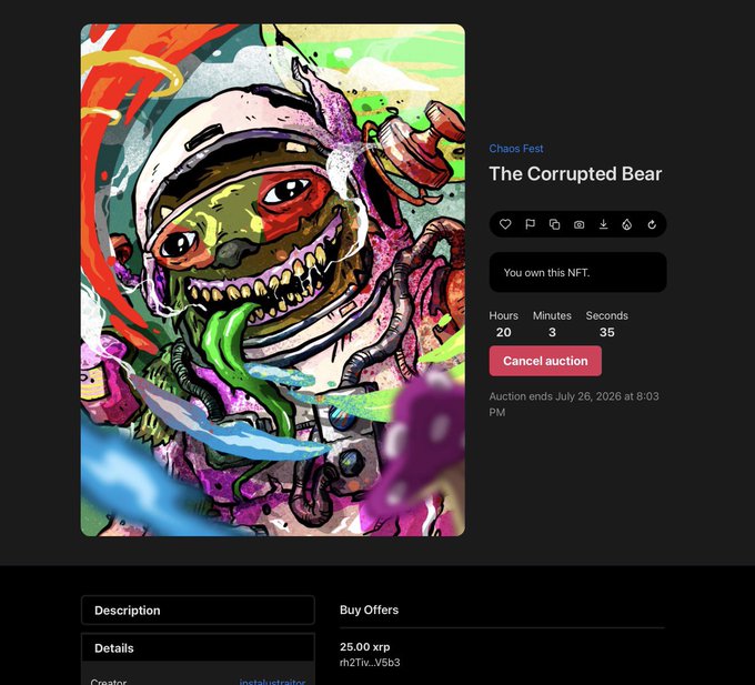 An NFT auction page for "The Corrupted Bear" from Chaos Fest, showing a colorful illustration, a countdown timer of 20 hours, 3 minutes, 35 seconds, and a "Cancel auction" button.
