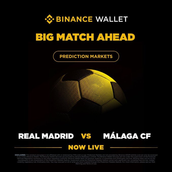 A Binance Wallet promotional graphic advertising a Real Madrid vs. Málaga CF prediction market now live on the platform, featuring a gold soccer ball and the headline "BIG MATCH AHEAD." The image supports the post's announcement of the prediction market launch by visually highlighting the featured matchup and the trading opportunity tied to the Sunday evening game at the Bernabéu.