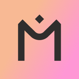 A logo featuring a stylized black 'M' character with a small diamond shape above it on a pink-to-orange gradient background.